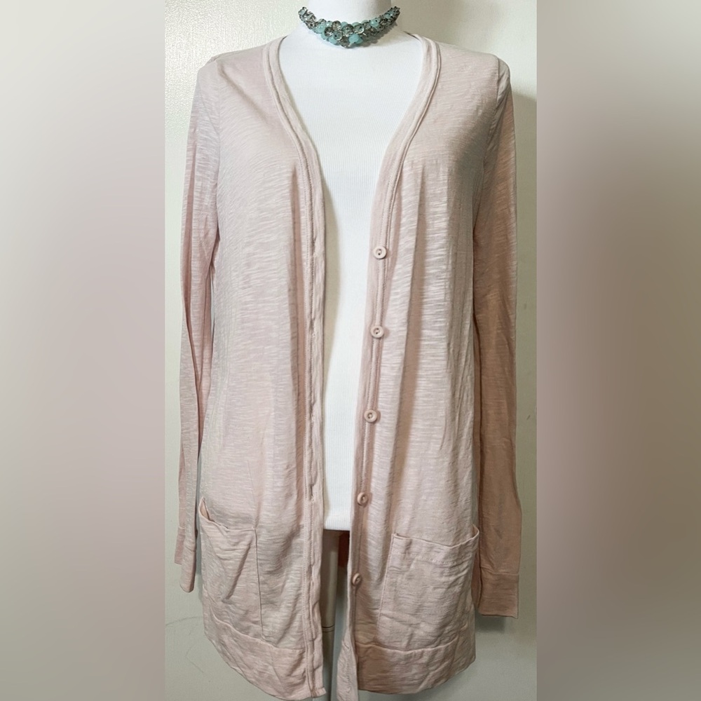 Gently used TopShop long baby blush pink sheer cardigan size US10